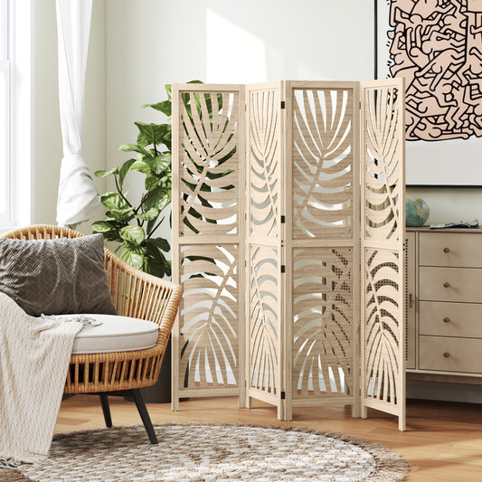 HOMCOM 4 Panel Privacy Screen Folding Room Divider Detachable Palm Leaf Design Natural Wood Finish For Home Office