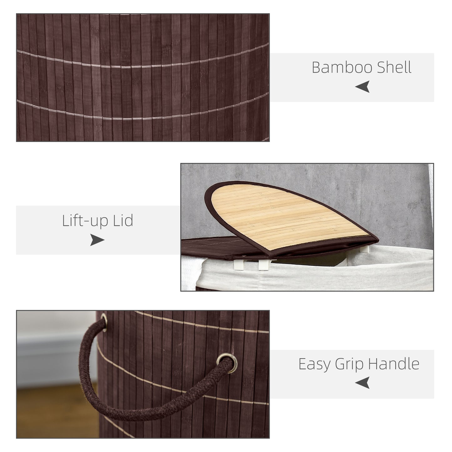 HOMCOM 100L Bamboo Laundry Basket With Lid And Removable Liner Two Compartments Handles Brown