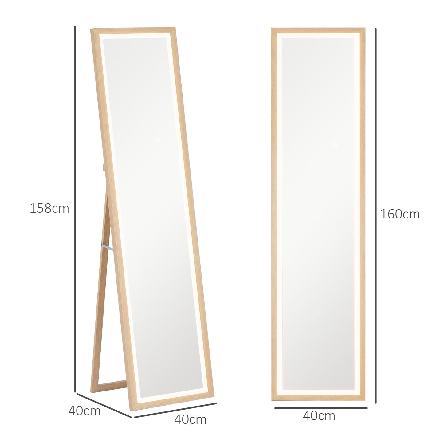 HOMCOM Full Length Mirror With Adjustable Outer LED Light In Oak Finish Three Color Temperatures