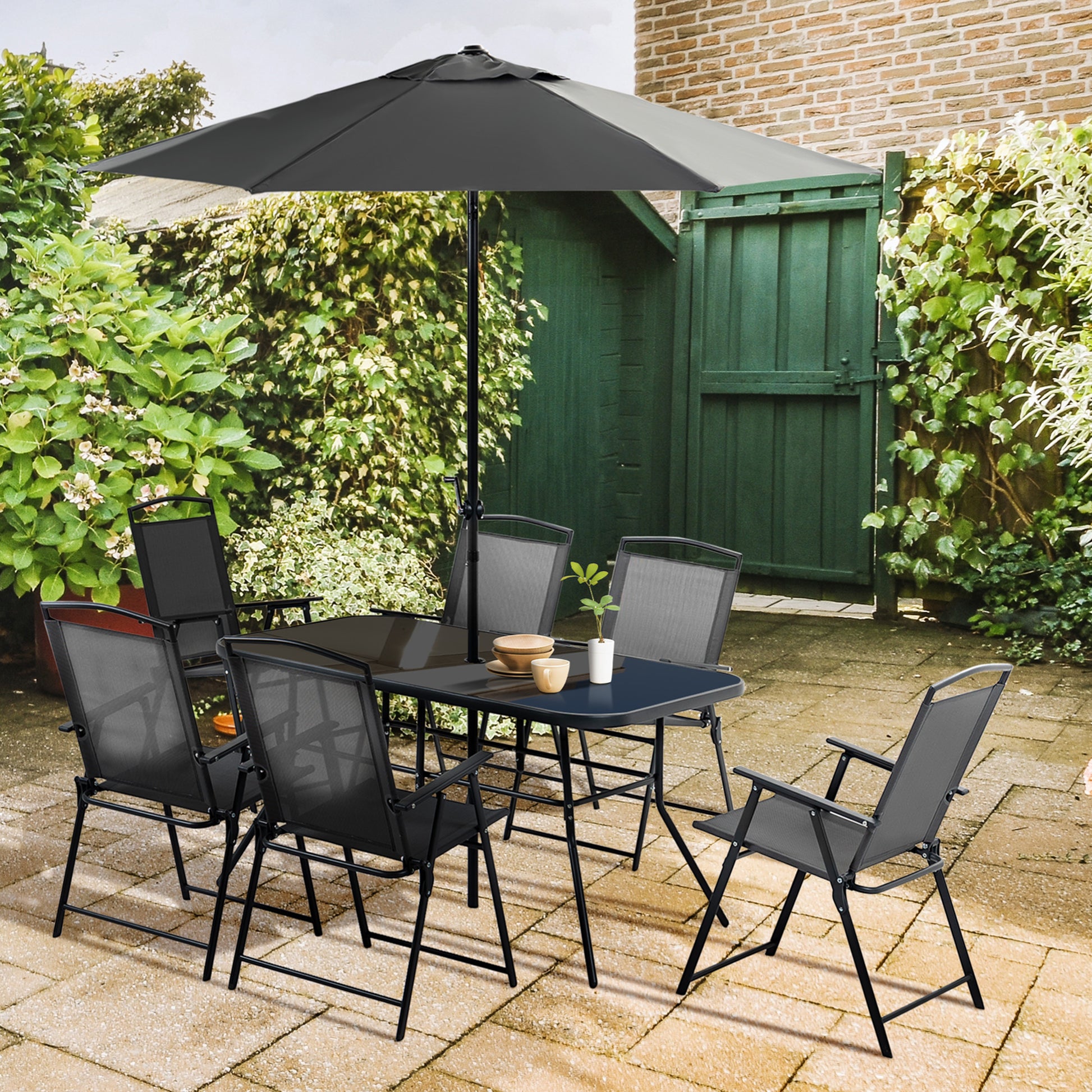 Outsunny 8-Piece Black Metal Patio Dining Set with Parasol and Folding Chairs - 6 Seater Outdoor Table with Tempered Glass Top - ALL4U RETAILER LTD