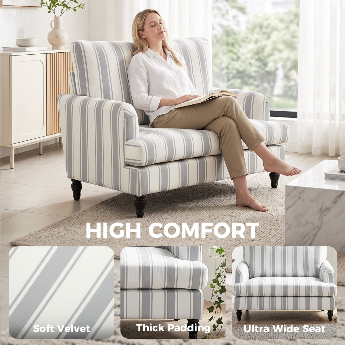Grey striped velvet armchair with ultra-wide seat, rolled arms, and dark turned legs