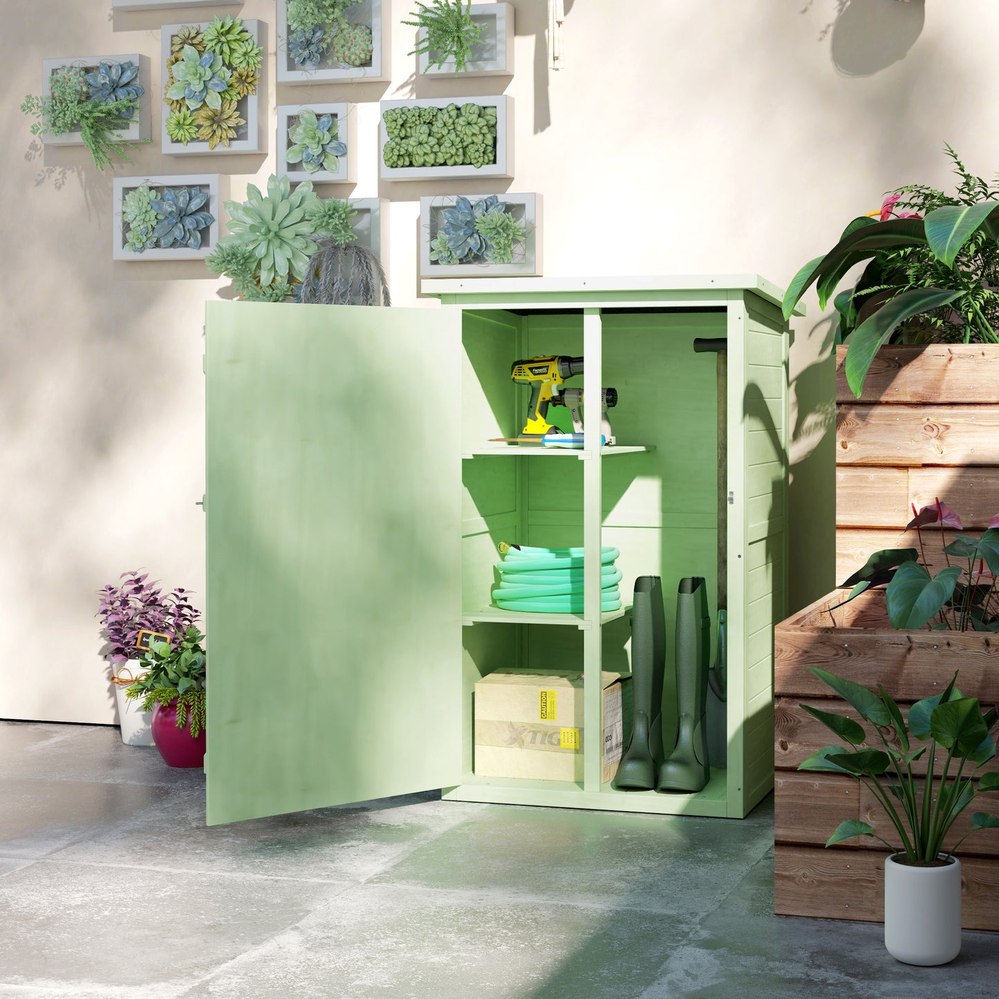 Outsunny Wooden Small Garden Shed With Shelves And Bolt Latch For Compact Tool Storage 75L x 56W x 115H CM Green