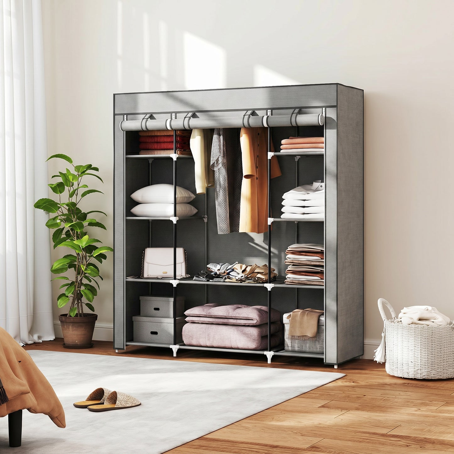 HOMCOM Clothes Storage Organiser With Hanging Rail And Shelves Portable Wardrobe Foldable Fabric Wardrobe Light Grey