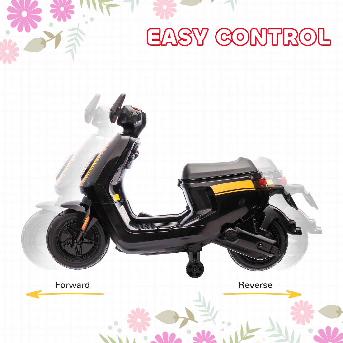 AIYAPLAY Black 6V Kids Electric Motorbike with Headlight and Music, Training Wheels for Ages 18-36 Months