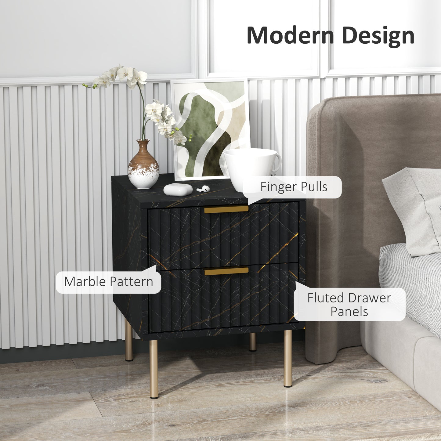 HOMCOM Marble Effect Sideboard Accent Cabinet With Adjustable Shelf Fluted Doors And Drawers Black