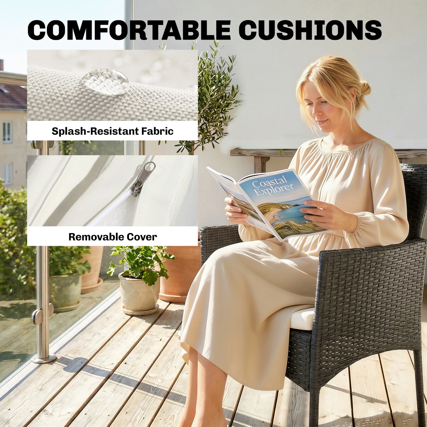 Outsunny 3 Piece Rattan Bistro Set Outdoor Cream White With 2 Tier Glass Top Table And Cushioned Chairs