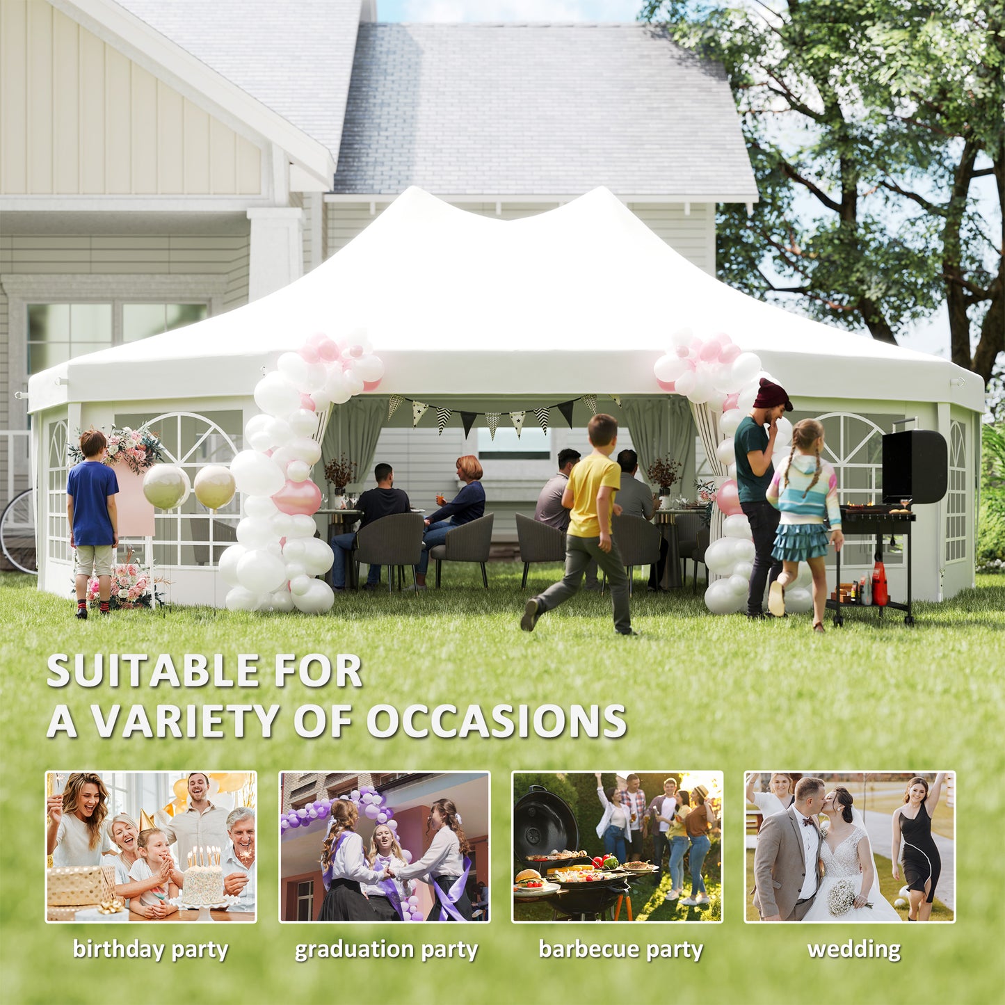 Outsunny 10 Sided Decagonal Garden Gazebo Marquee Party Tent Canopy With Durable Metal Frame 8.9m x 6.5m White
