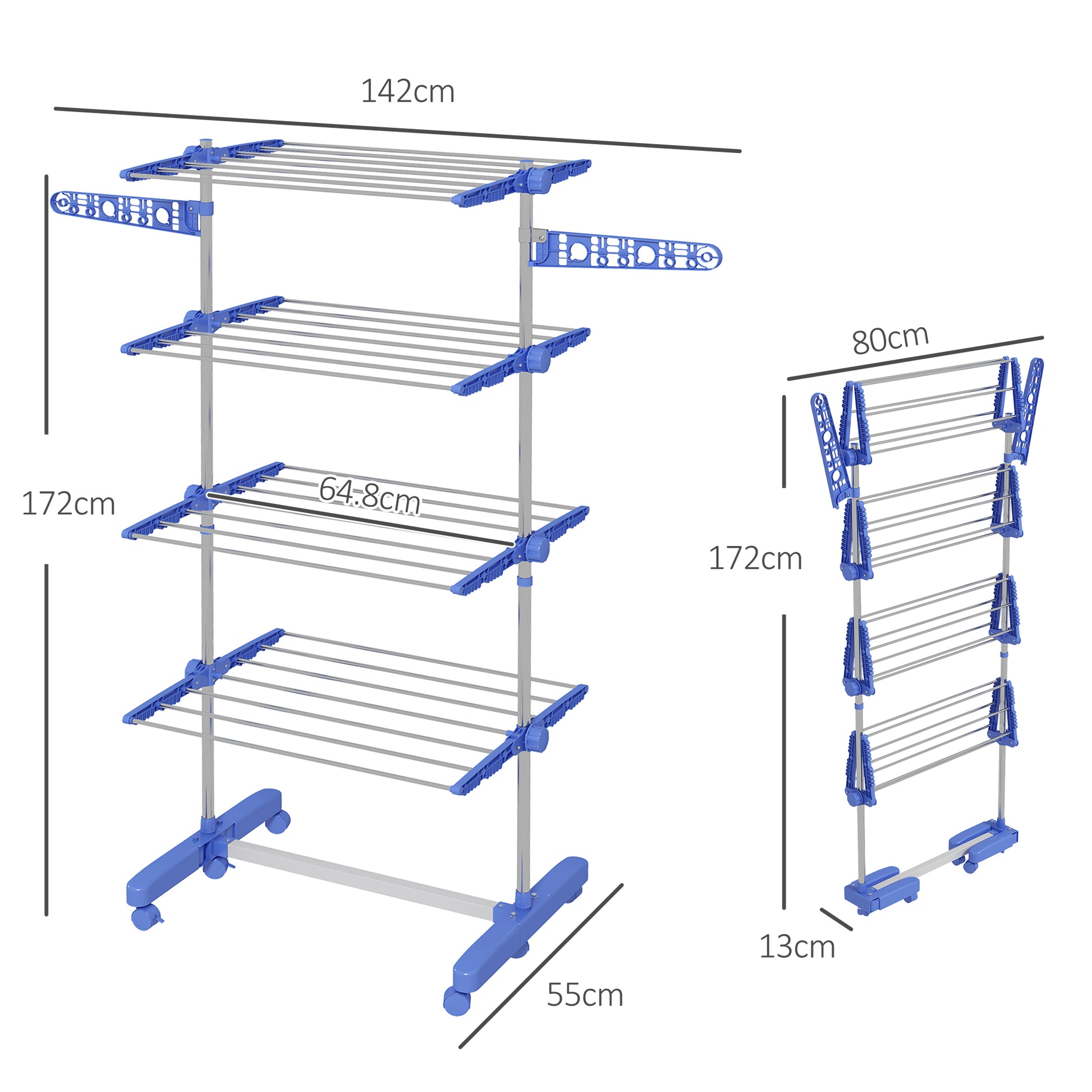 HOMCOM Portable 4-Tier Stainless Steel Clothes Drying Rack with Wheels and Folding Wings for Indoor & Outdoor Use - ALL4U RETAILER LTD