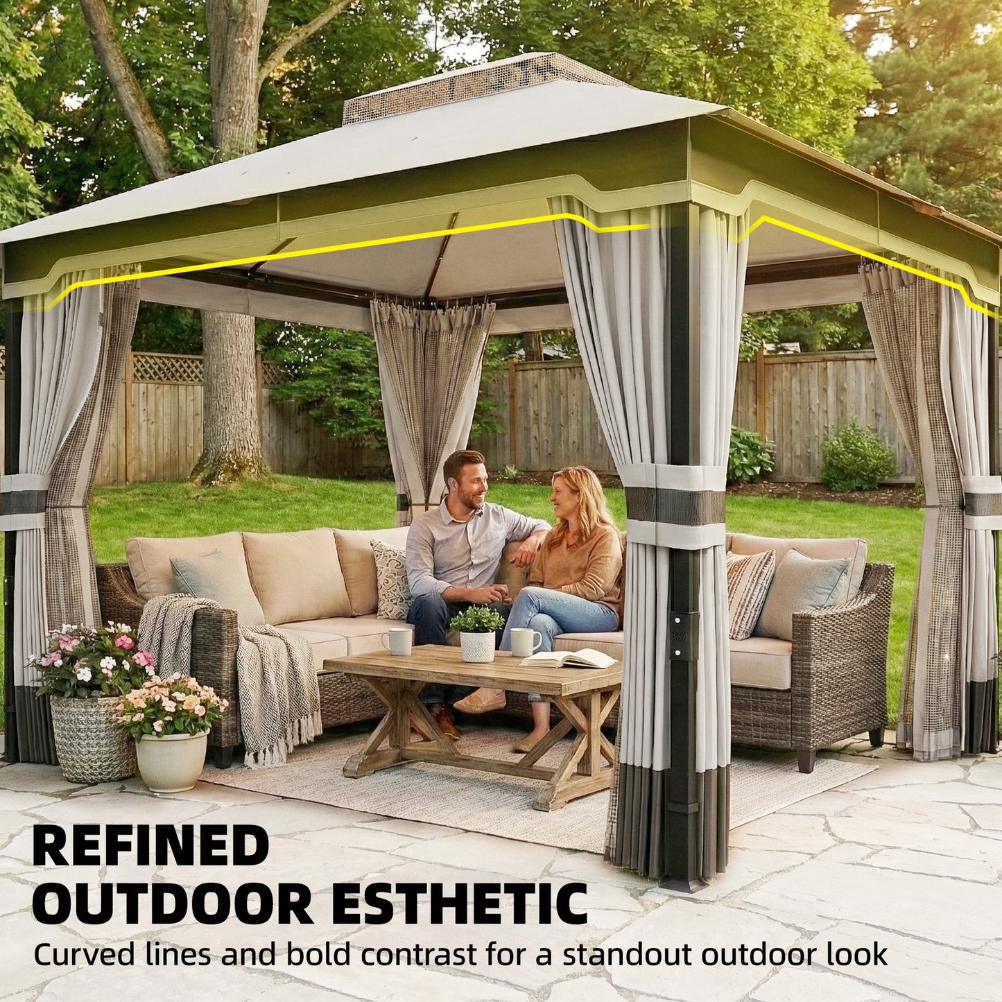 Outsunny 3 x 3.6 m Outdoor Garden Gazebo With Netting And Curtains Double Roof Patio Gazebo Light Grey