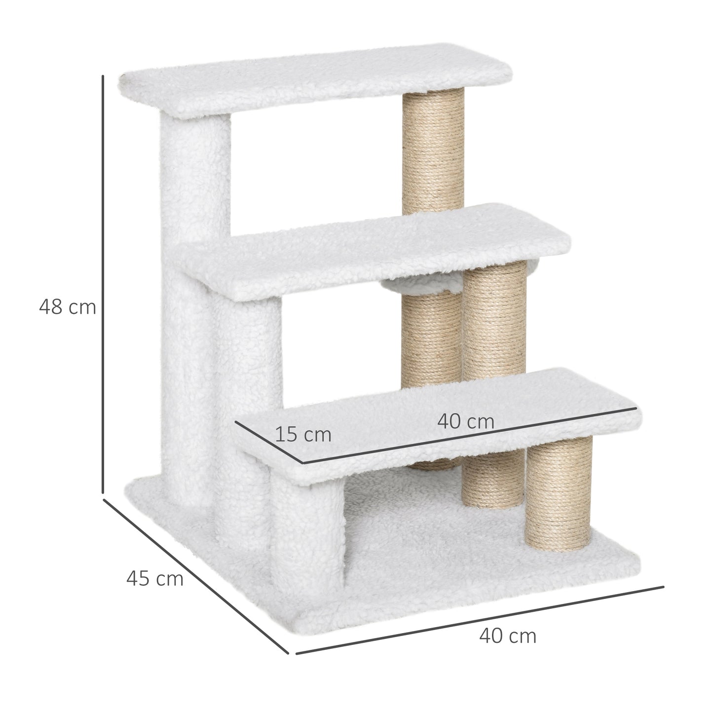 PawHut 3-Step Cat Climbing Stairs with Scratching Posts and Toy Ball for Indoor Senior Cats and Kittens - White - ALL4U RETAILER LTD