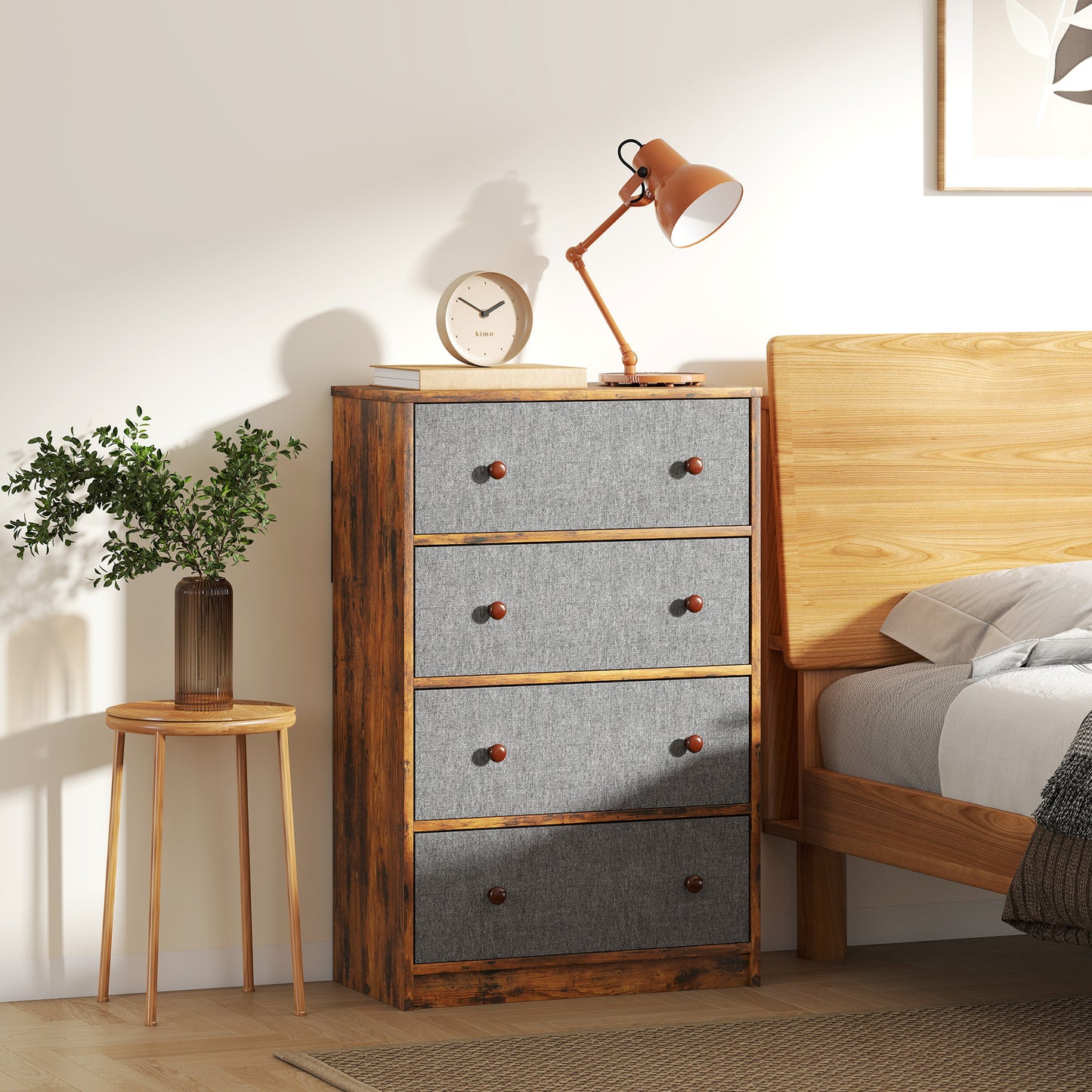 HOMCOM Chest Of Drawers Four Fabric Drawers Grey And Rustic Brown Wood Effect MDF Steel Frame