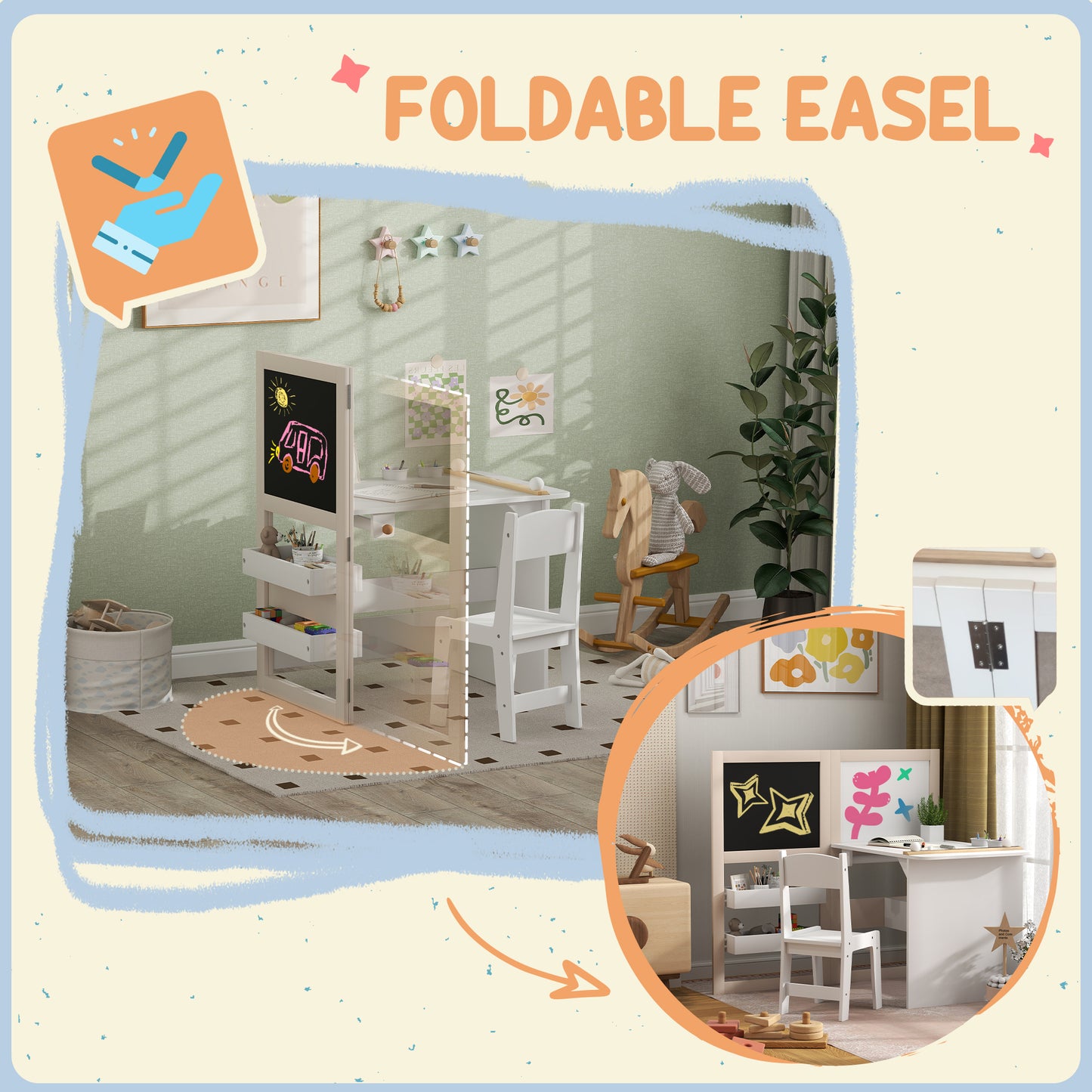AIYAPLAY 3 In 1 Kids Table And Chair Set With Storage Whiteboard Blackboard And Roll Paper For Ages 3 To 8 White