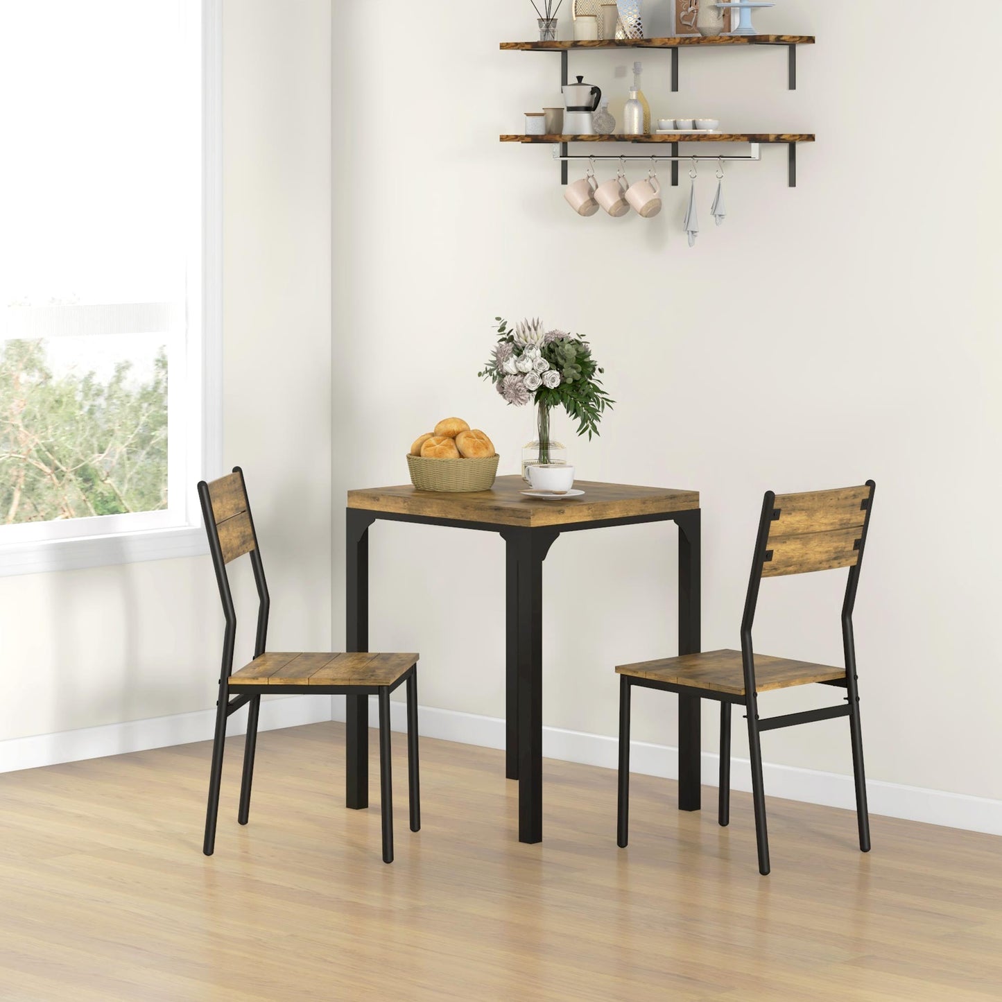 HOMCOM Three Piece Minimal And Compact Dining Set Rustic Brown For Kitchen Dining Rooms