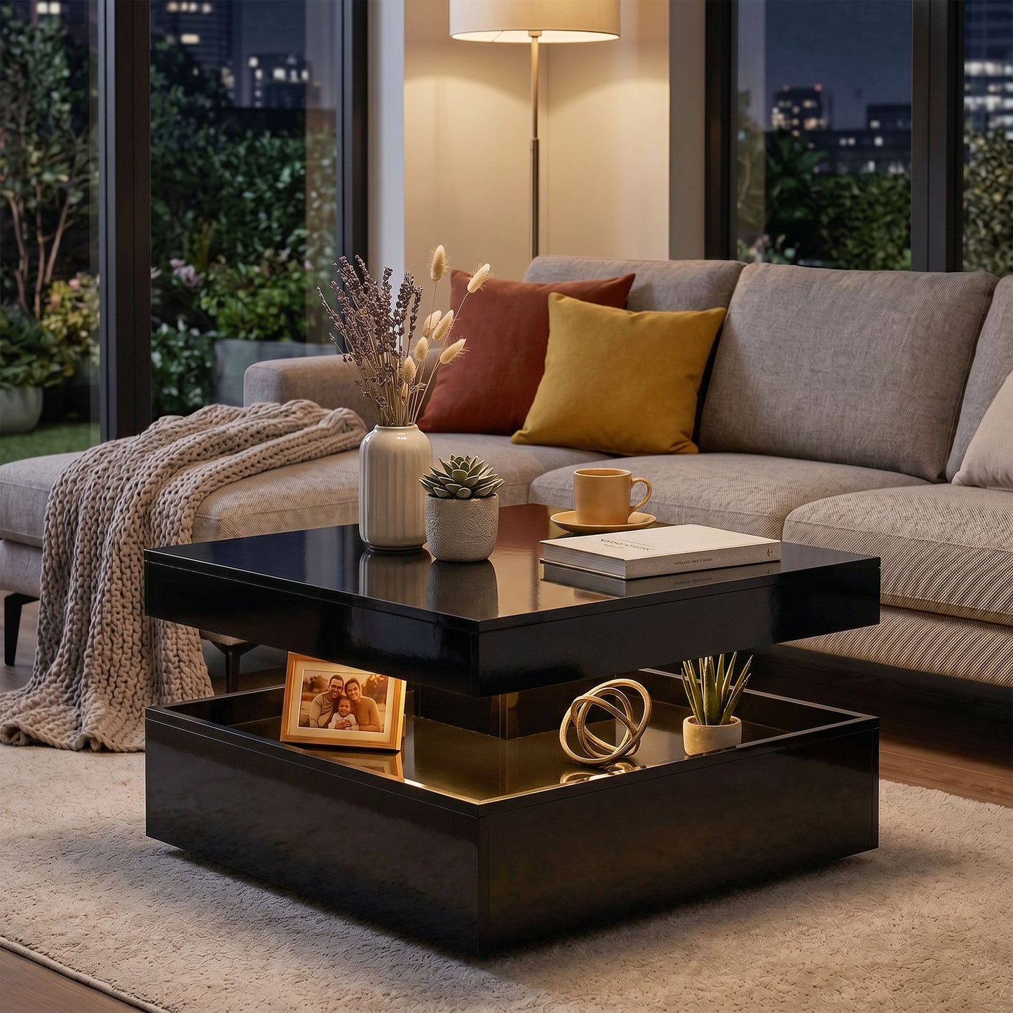 HOMCOM LED Coffee Table with Storage 2 Tier Modern Centre Table Open Shelf RGB LED Remote Lighting High Gloss Black