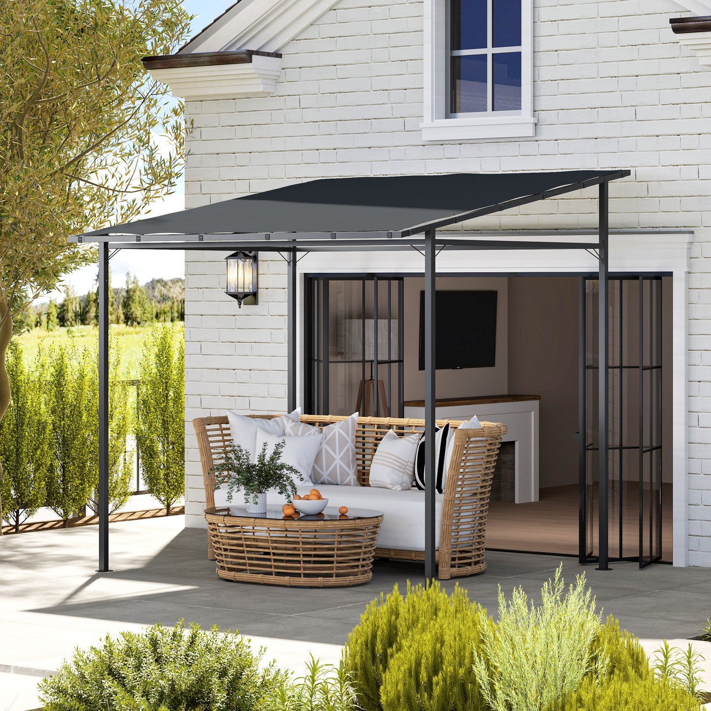 Outsunny 2.4m by 2.4m Wall Mounted Pergola Gazebo with PA Coated Fabric and Metal Frame UPF30 Sun Shade Dark Grey