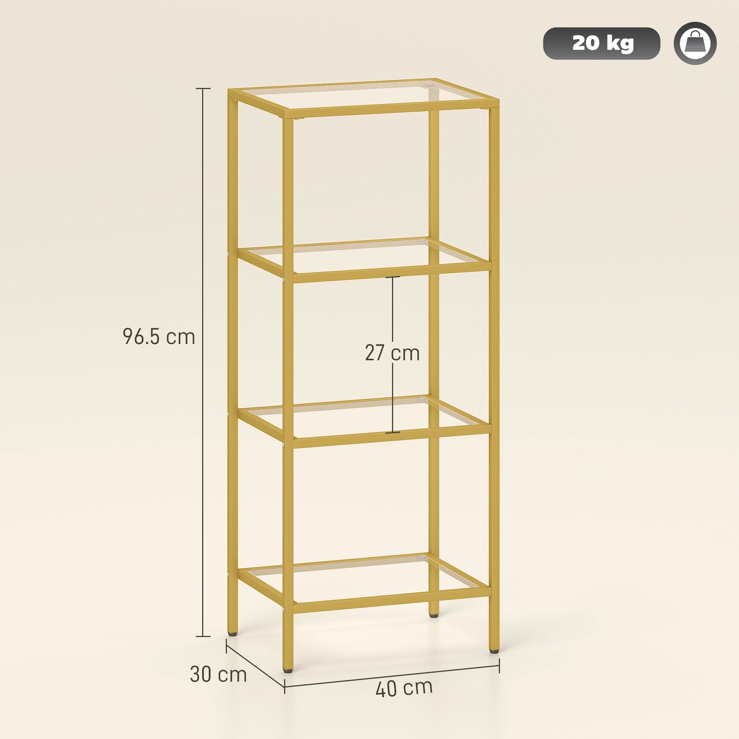 HOMCOM 4 Tier Glass Shelving Unit Gold Tone Vertical Storage for Living Room Home Office Bedroom Bathroom