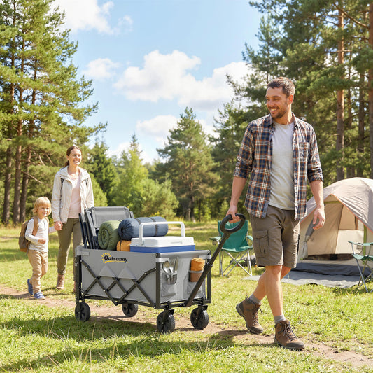 Outsunny 80L Foldable Festival Trolley On Wheels Collapsible Wagon Cart With Drop Down Tailgate Adjustable Handle Grey