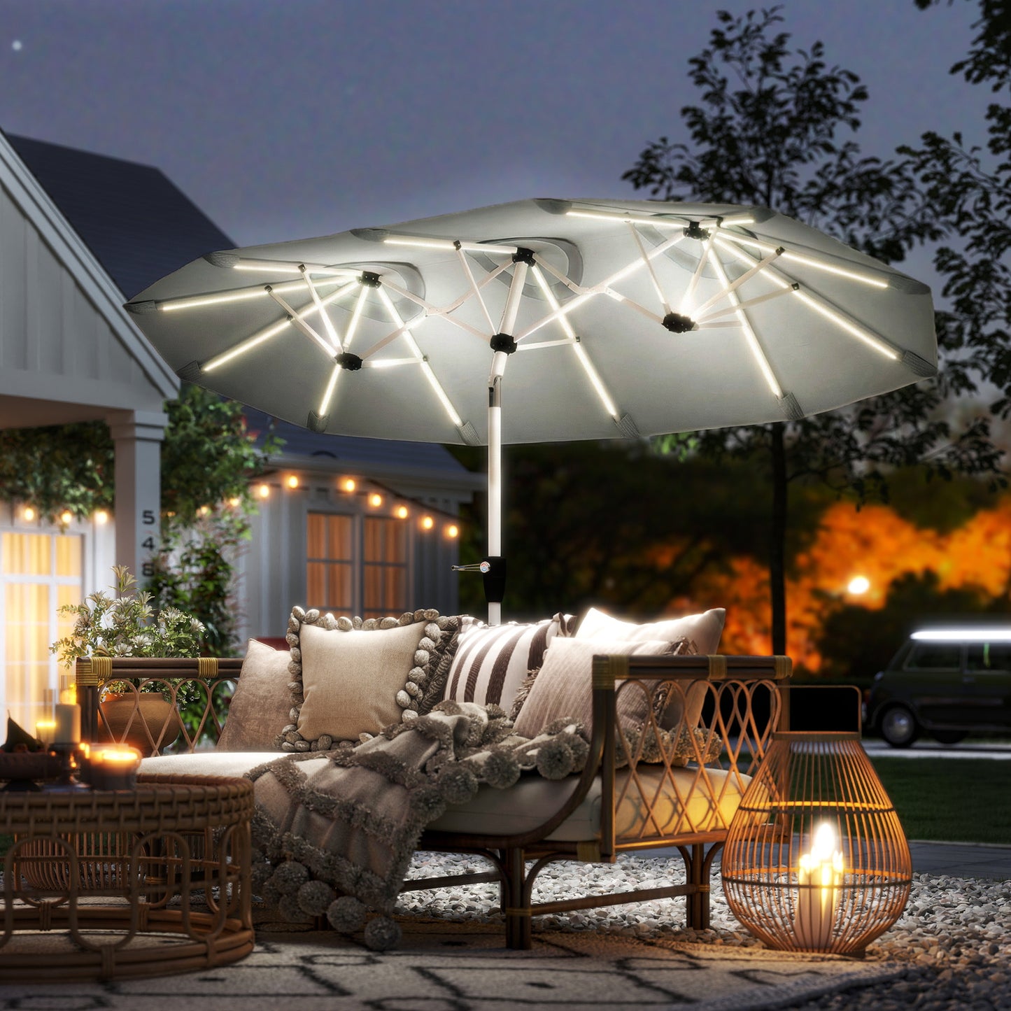 Outsunny 3m Double Sided Garden Parasol With LED Solar Lights Outdoor Extra Large Crank Handle Grey