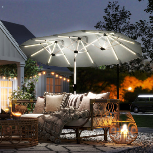 Outsunny 3m Double Sided Garden Parasol With LED Solar Lights Outdoor Extra Large Crank Handle Grey