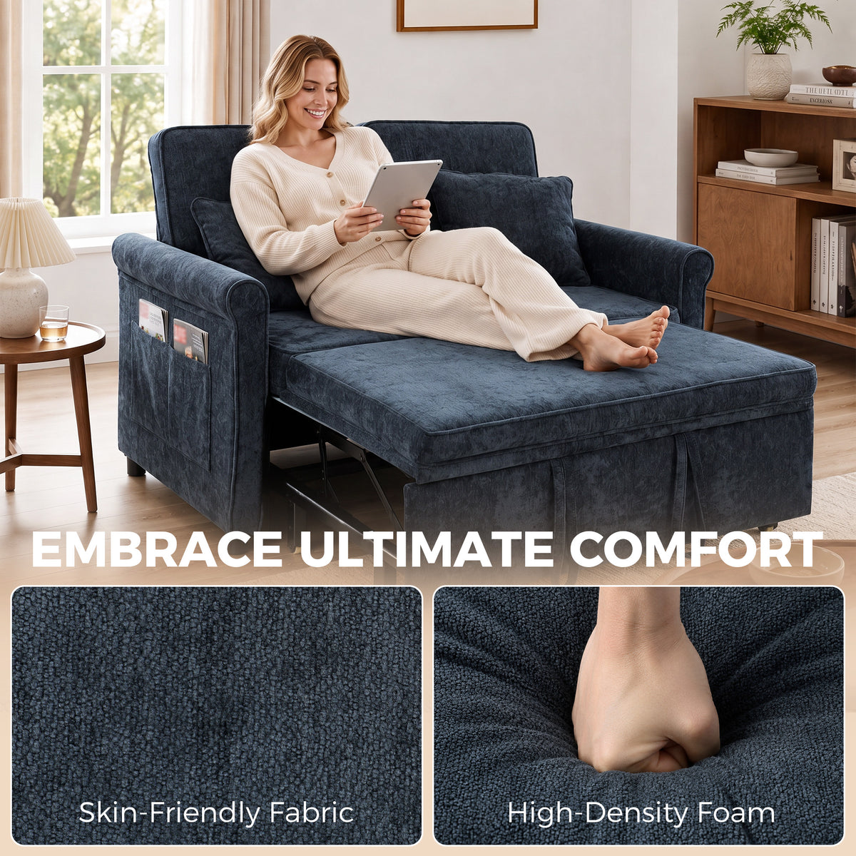 Dark blue chenille sofa bed in lounge mode, with rolled arms and layered seat cushions