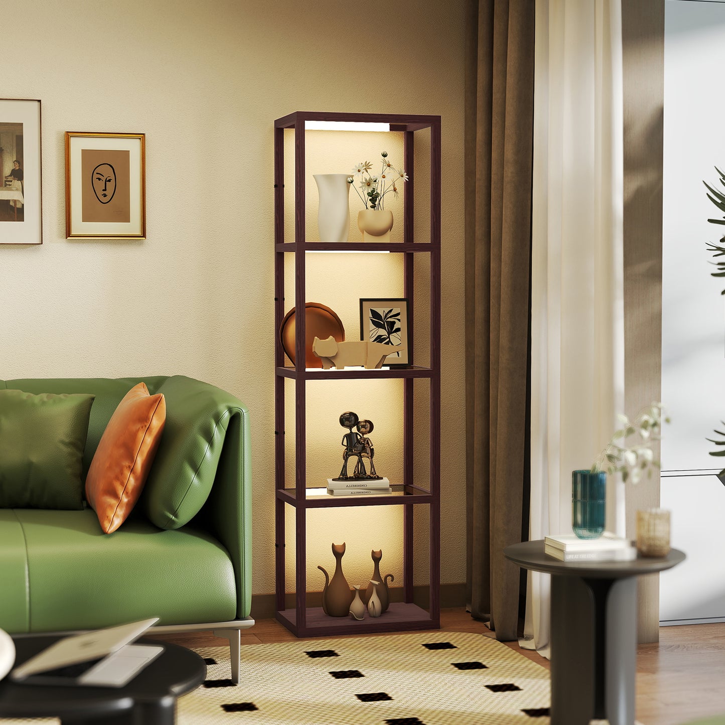 HOMCOM Four Shelf Floor Lamp With Warm White LEDs And Built In Storage And Tempered Glass Shelves Dark Brown
