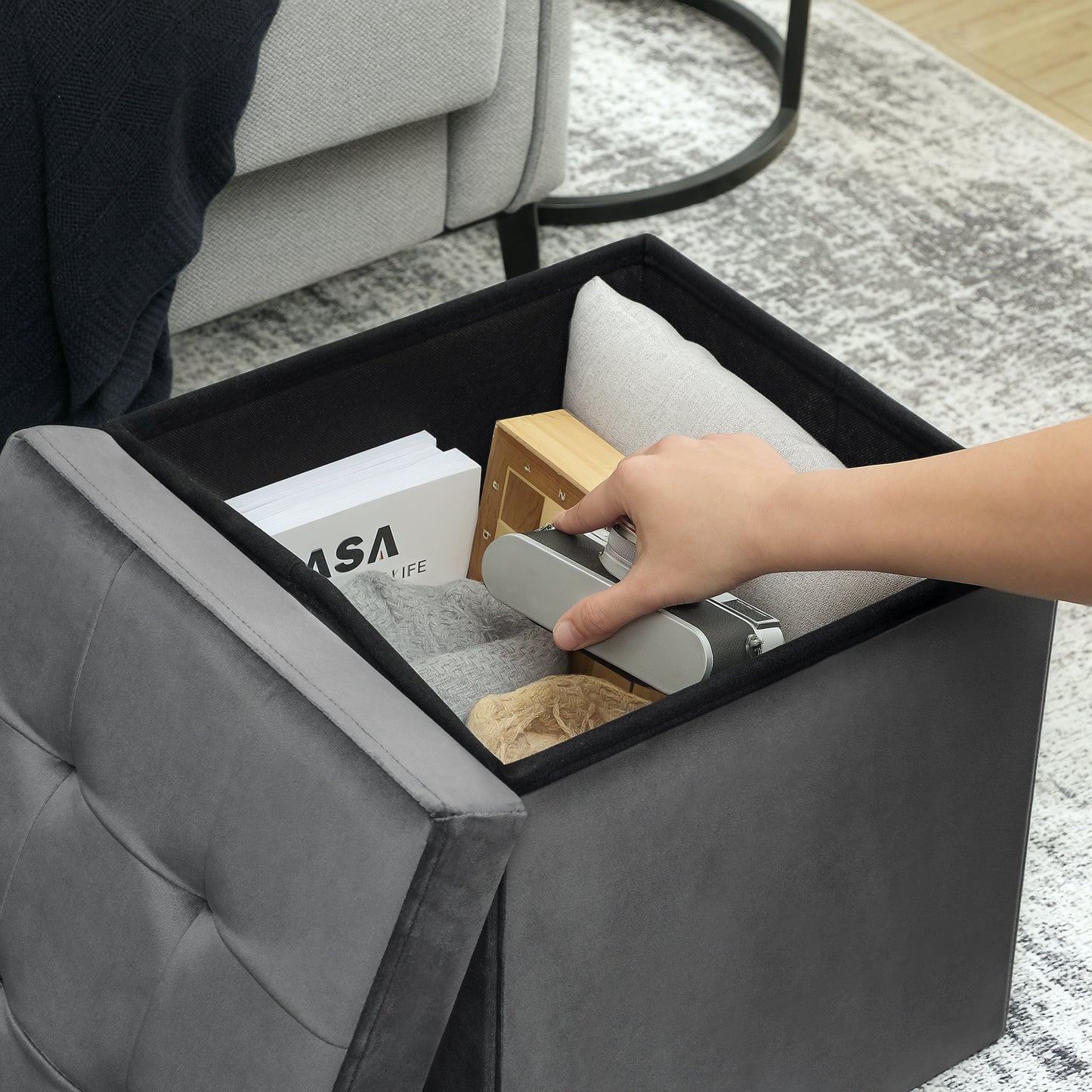 HOMCOM Foldable Velvet Feel Storage Ottoman Grey With High Density Foam And Hidden Space Saving Storage Box