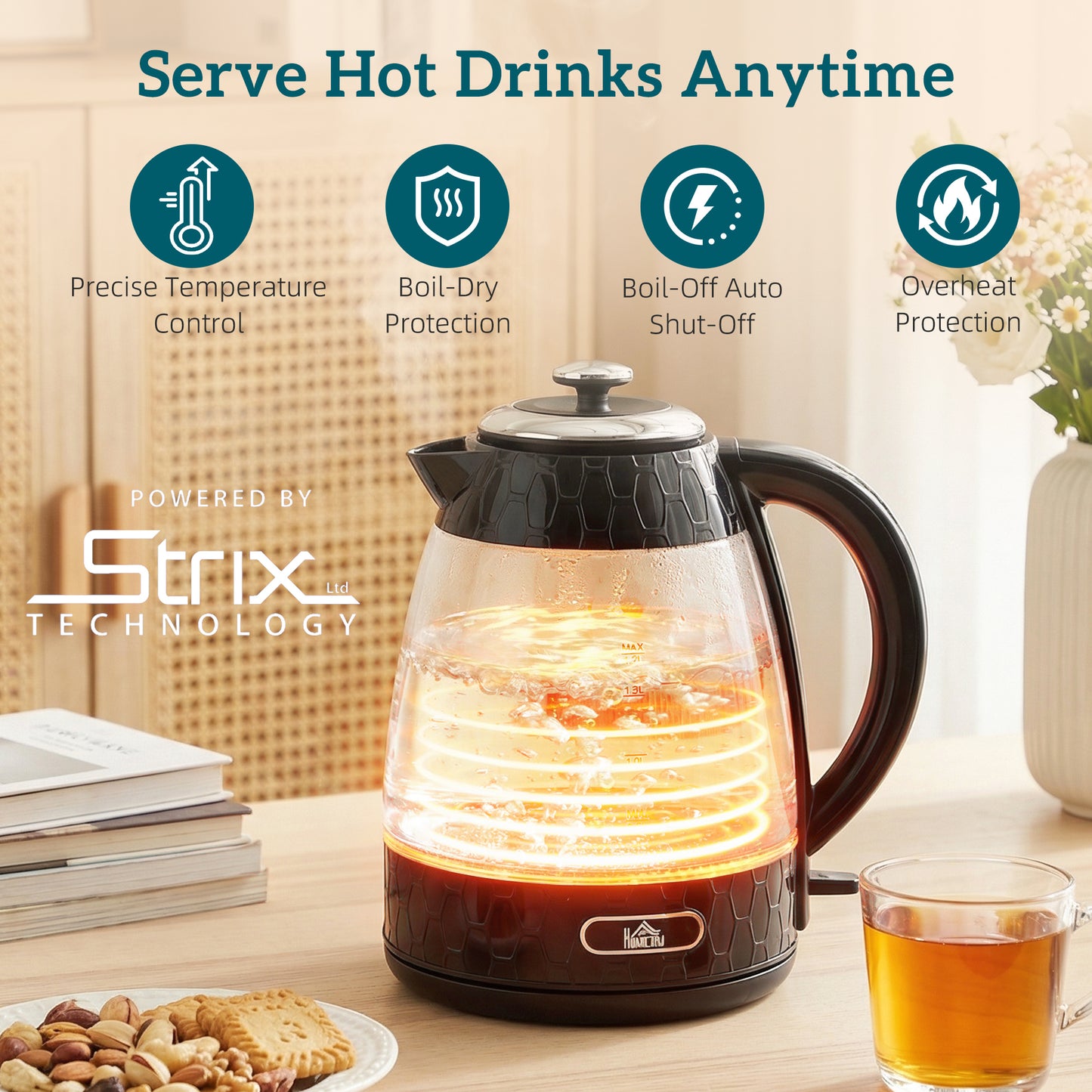 HOMCOM Kettle And Toaster Set 1.7L 3000W Rapid Kettle With Strix Thermostat 4 Slice Toaster 7 Browning Controls Black