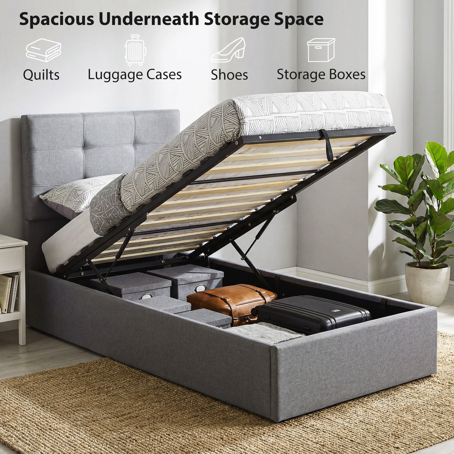HOMCOM 3Ft Single Ottoman Bed With Gas Lift Storage Grey Upholstered Bed Frame For Small Rooms