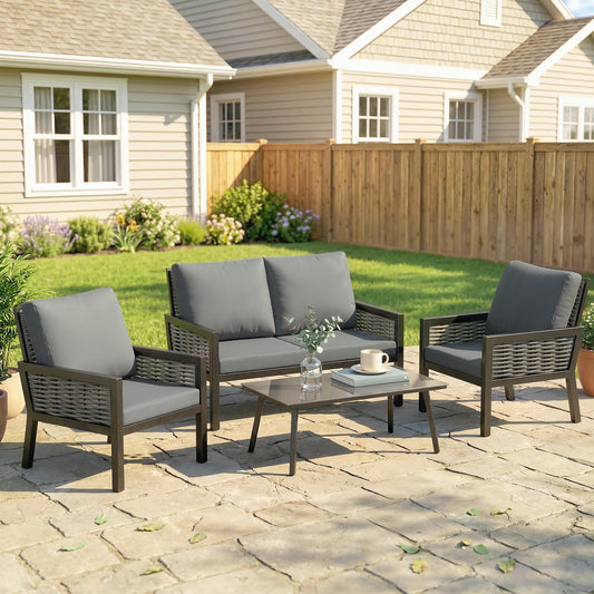 Outsunny 4 Seater Rattan Garden Furniture Set With 2 Armchairs Loveseat And Coffee Table Cushions Dark Grey