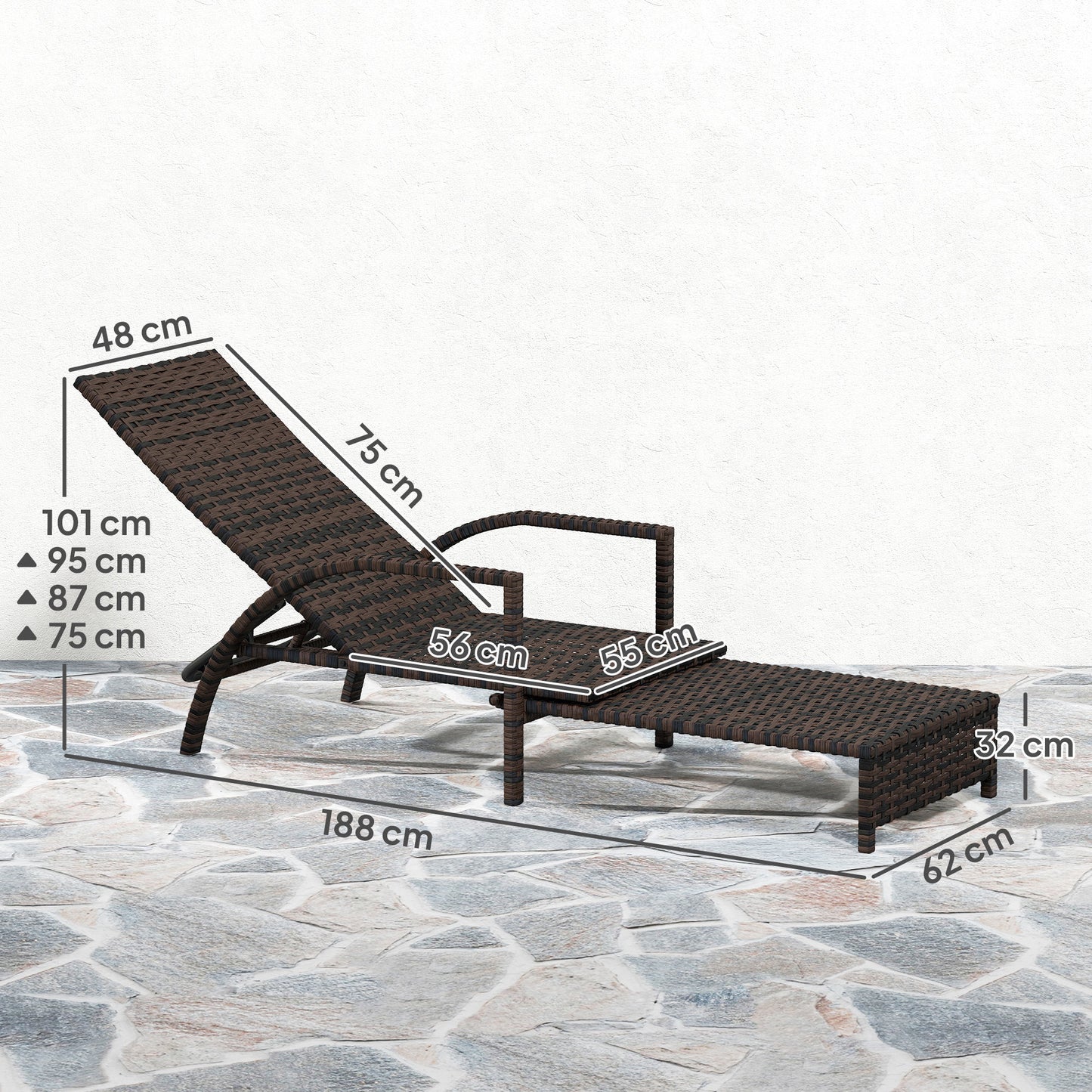Outsunny Reclining Rattan Lounger With Extending Footrest Brown Outdoor Sun Lounger With Adjustable Backrest