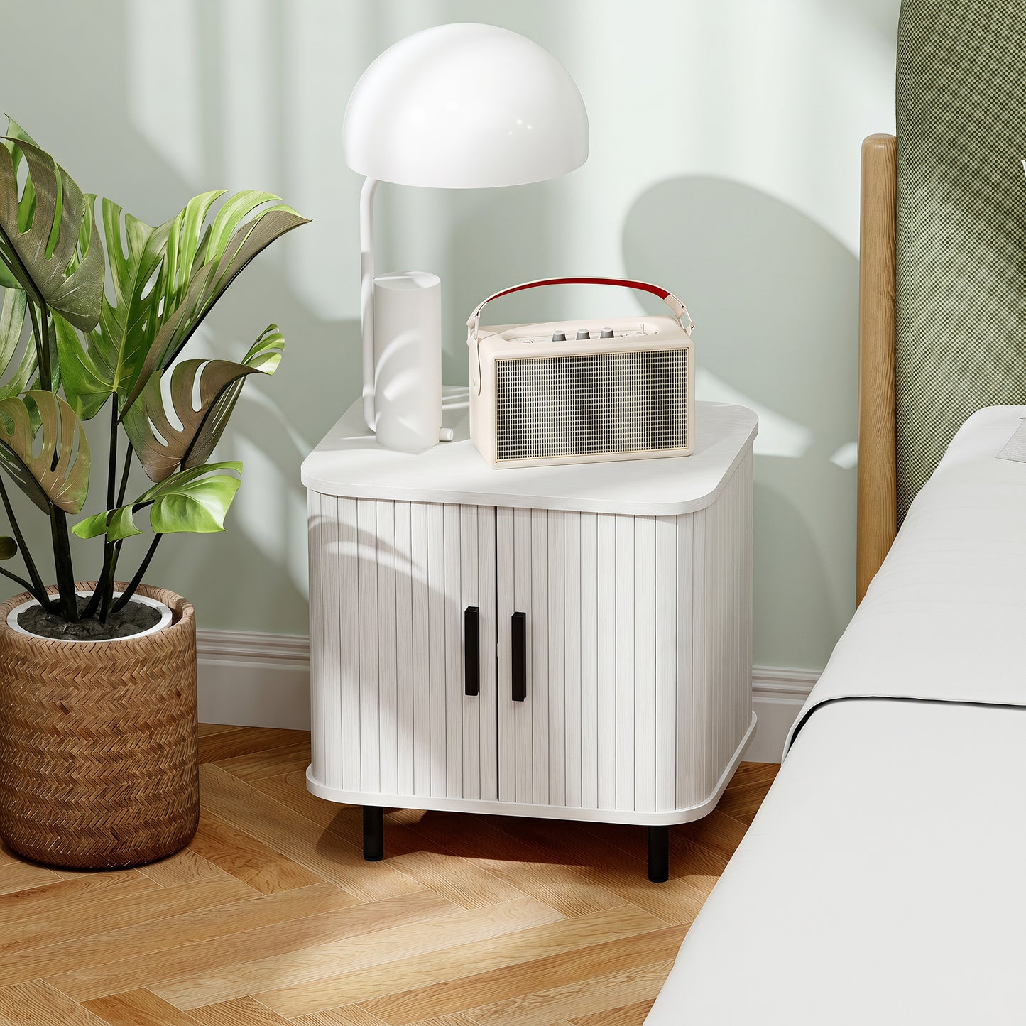 HOMCOM Nordic Design Nightstand With Sliding Doors And Metal Legs White Wood Effect