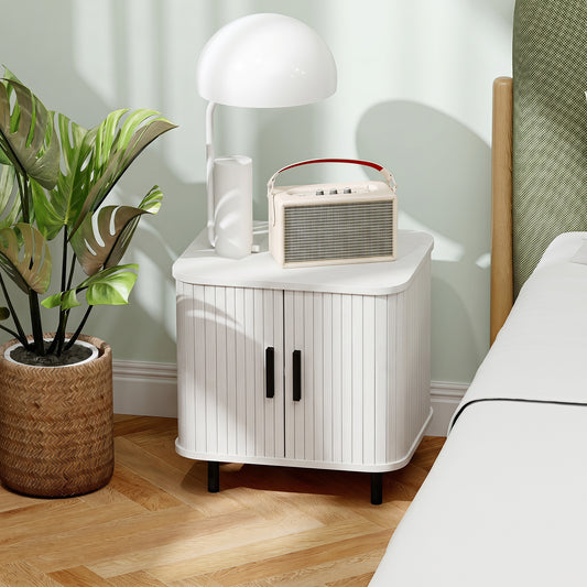 HOMCOM Nordic Design Nightstand With Sliding Doors And Metal Legs White Wood Effect