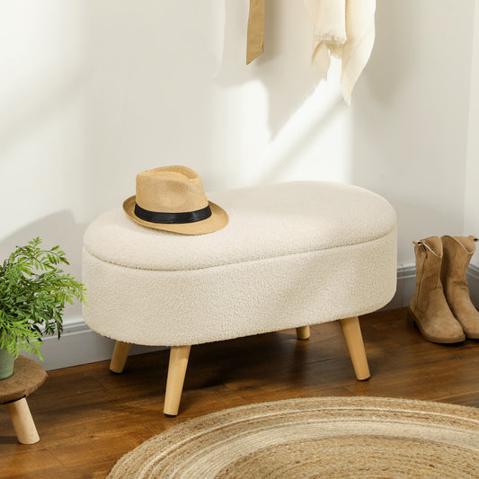 HOMCOM Teddy Fleece Storage Ottoman Cream White With 72 x 32 Cm Inner Storage And Padded Seat On Pine Wood Legs
