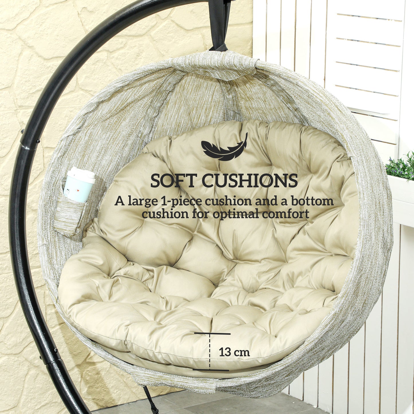 Outsunny Hanging Egg Chair Garden Swing With Folding Basket Thick 13cm Cushion Cup Holder Patio Khaki