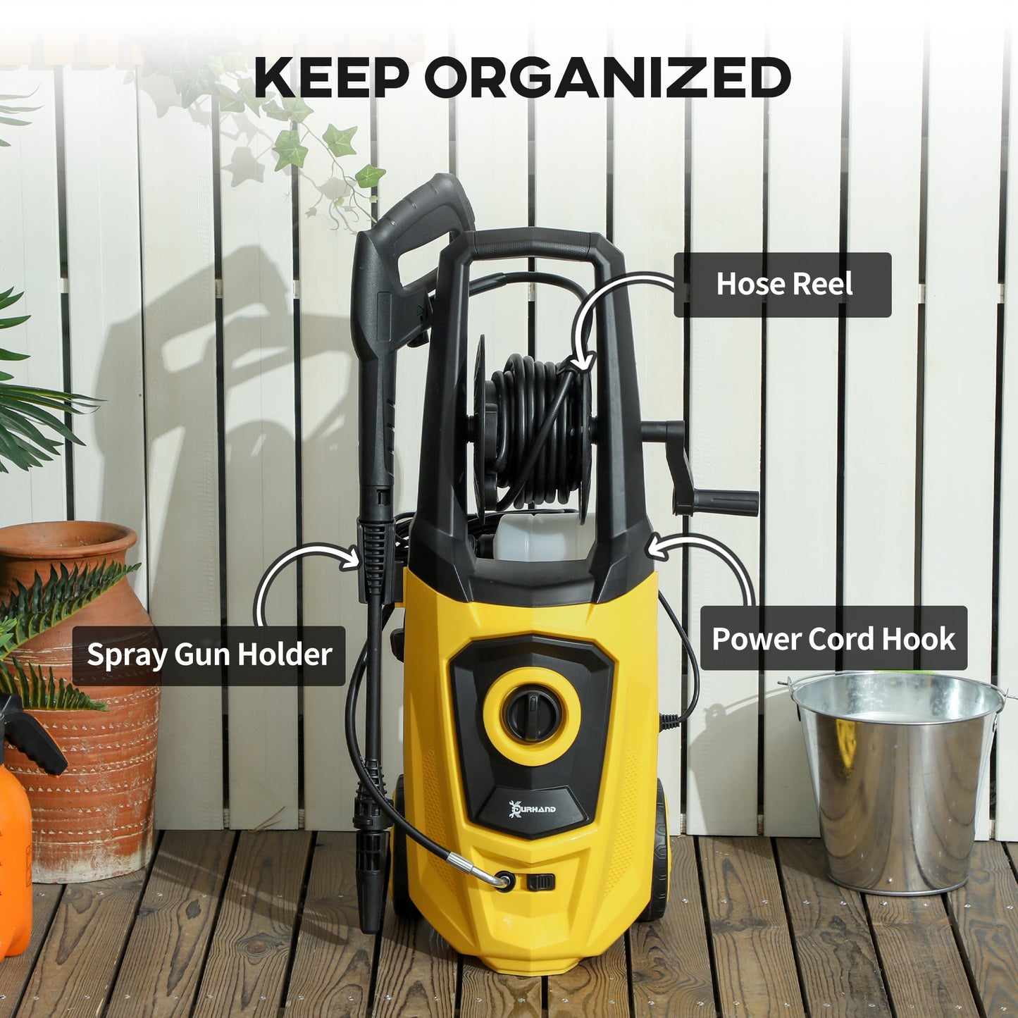 Durhand 1800W Pressure Washer 150 Bar 510 L Per Hour Portable Jet Wash With 6m Hose Reel For Garden Car Furniture Yellow