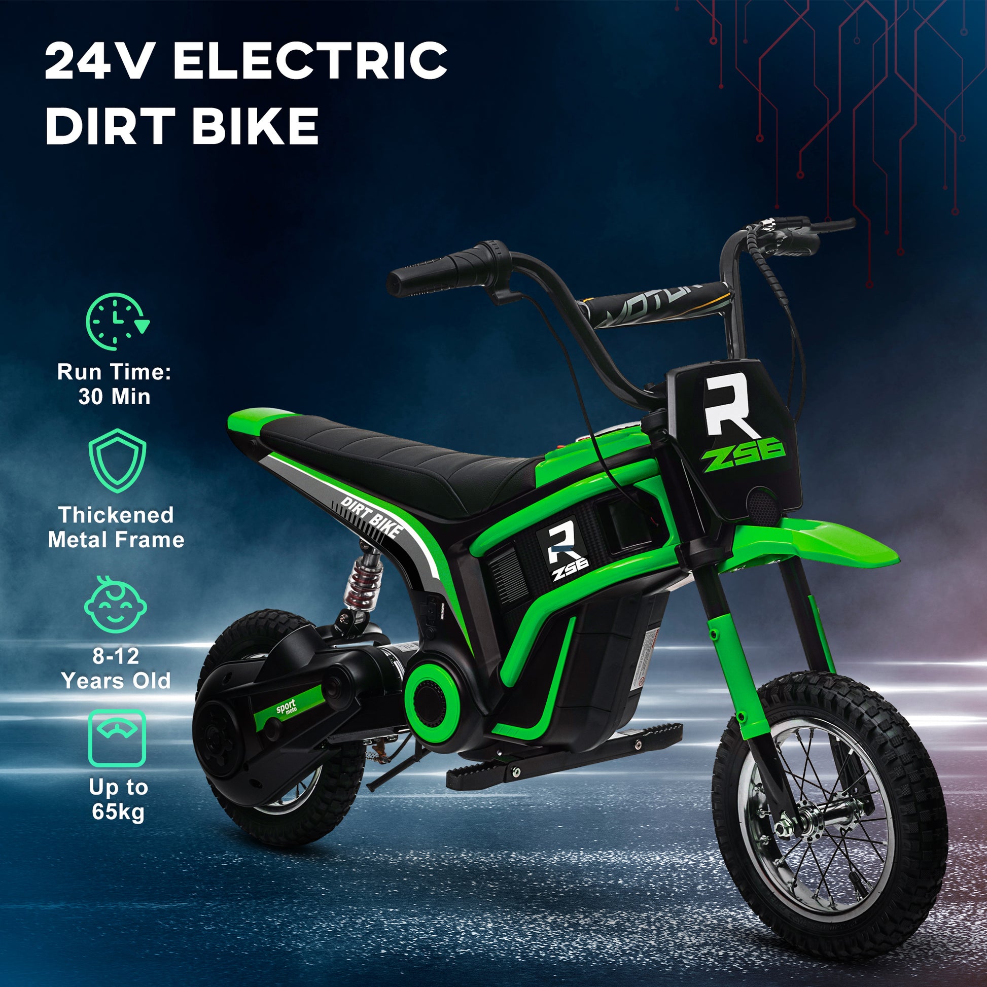 HOMCOM 24V Electric Motorbike Dirt Bike Twist Grip Throttle Music Horn 12" Pneumatic Tyres 16 Km/h Max Speed Green - ALL4U RETAILER LTD