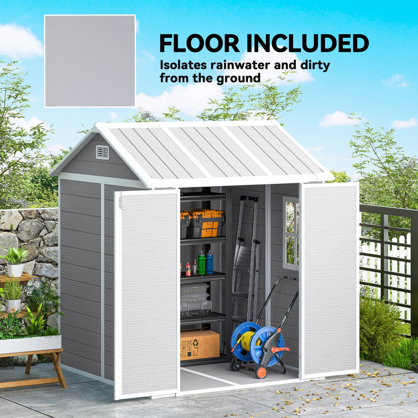 Outsunny 6 By 6ft Wood Effect Resin Garden Tool Shed With Floor Window Lockable Doors And Vents Grey