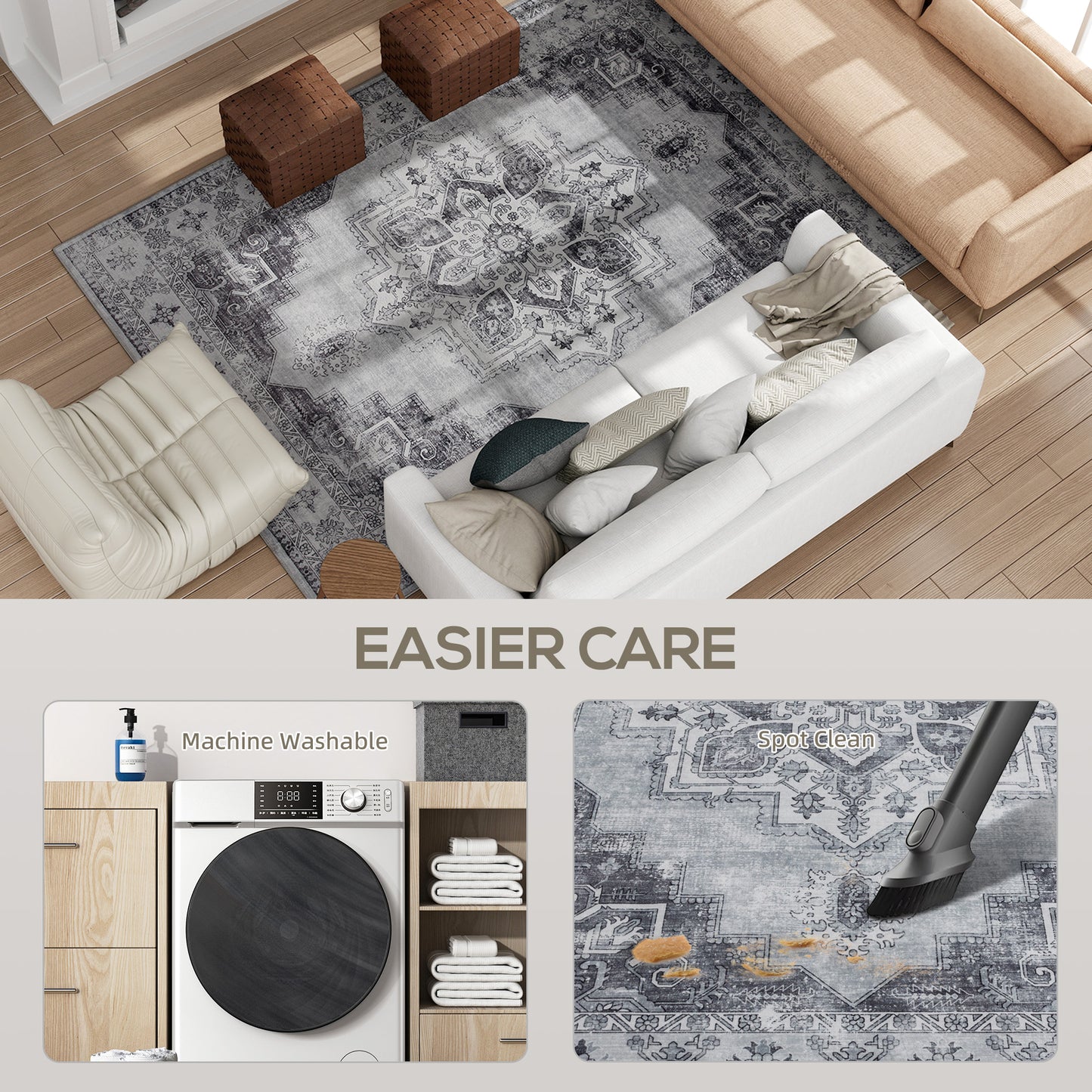 HOMCOM Vintage Area Rug Non Slip Washable Flannel Carpet For Living Room Bedroom Dining Room Home Office 290x200 Cm Grey