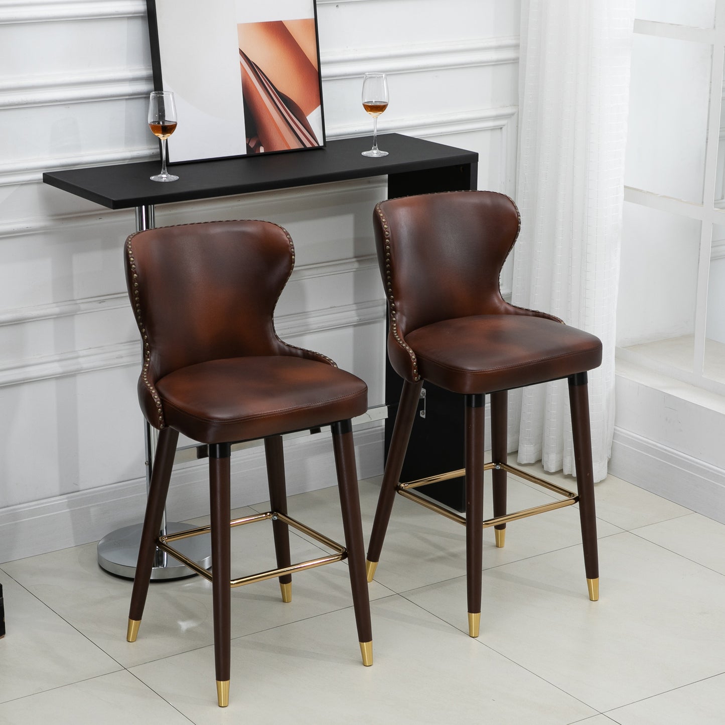 HOMCOM Set of 2 Elegant PU Leather Retro Bar Stools with Backrest - Brown and Gold Accents - ALL4U RETAILER LTD