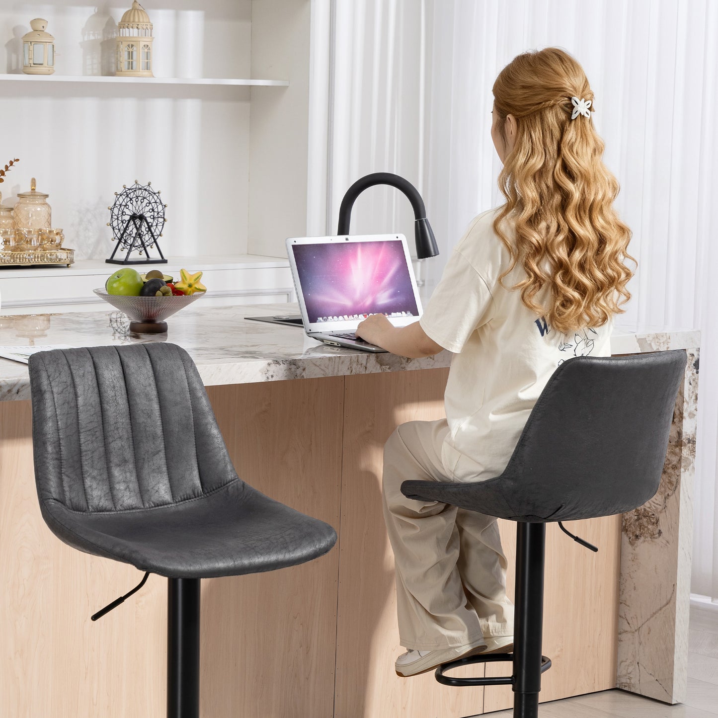 HOMCOM Set Of 2 Leathaire Tub Bar Stools Charcoal Grey Swivel Adjustable Height Modern