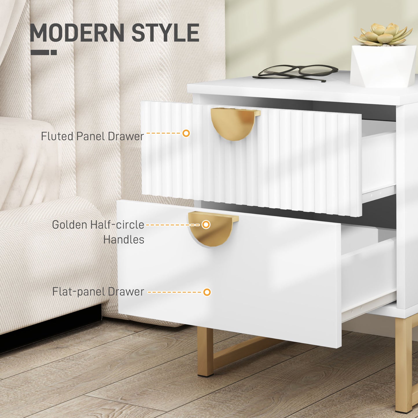 HOMCOM Elegant Two Drawers Bedside Table White With Gold Handles And Metal Base Frame