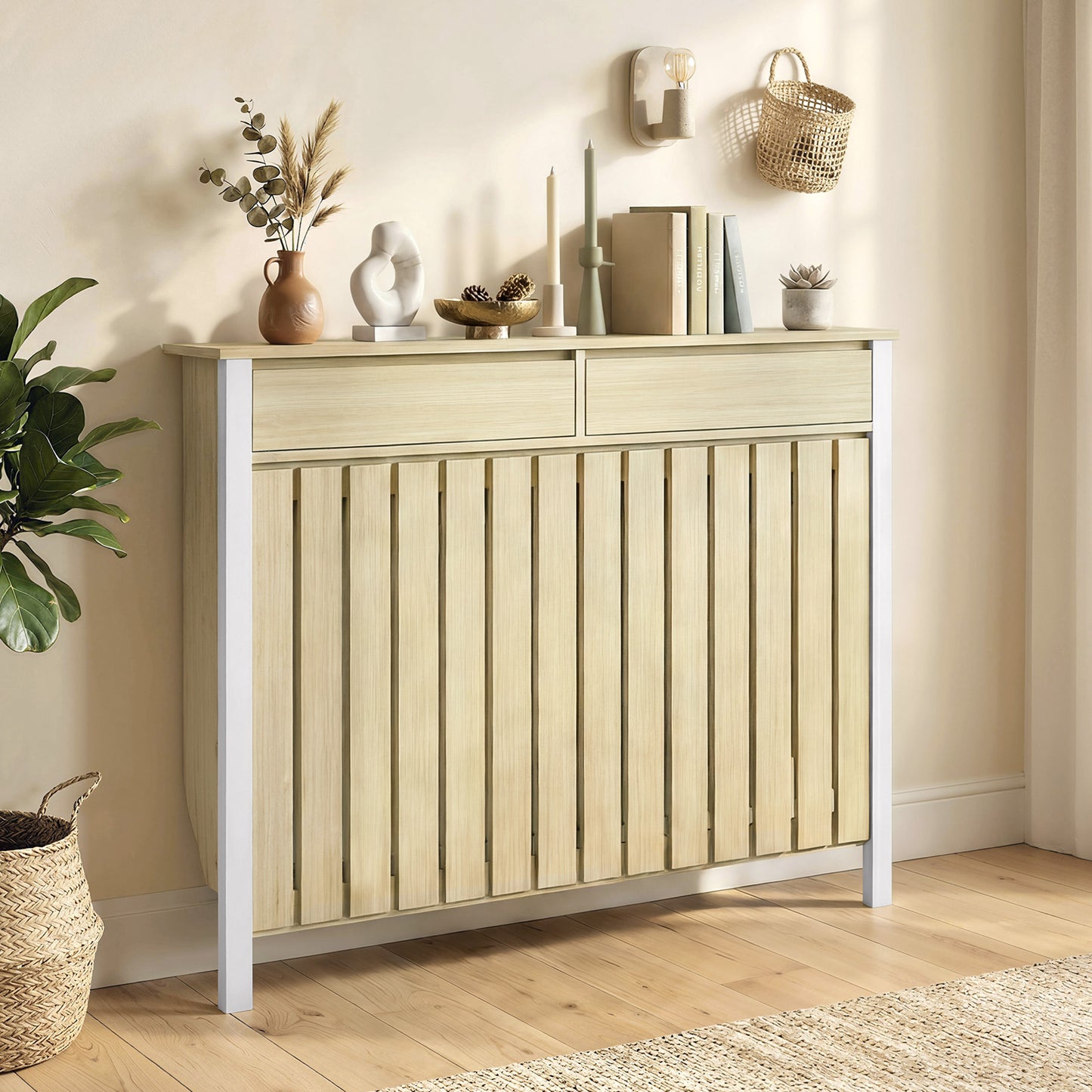 HOMCOM 93 X 119 Cm Rustic Look Slim Radiator Cover In White MDF With Two Top Drawers