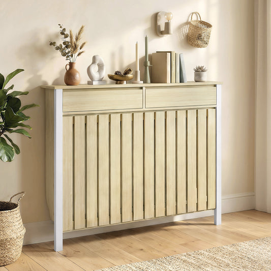 HOMCOM 93 X 119 Cm Rustic Look Slim Radiator Cover In White MDF With Two Top Drawers