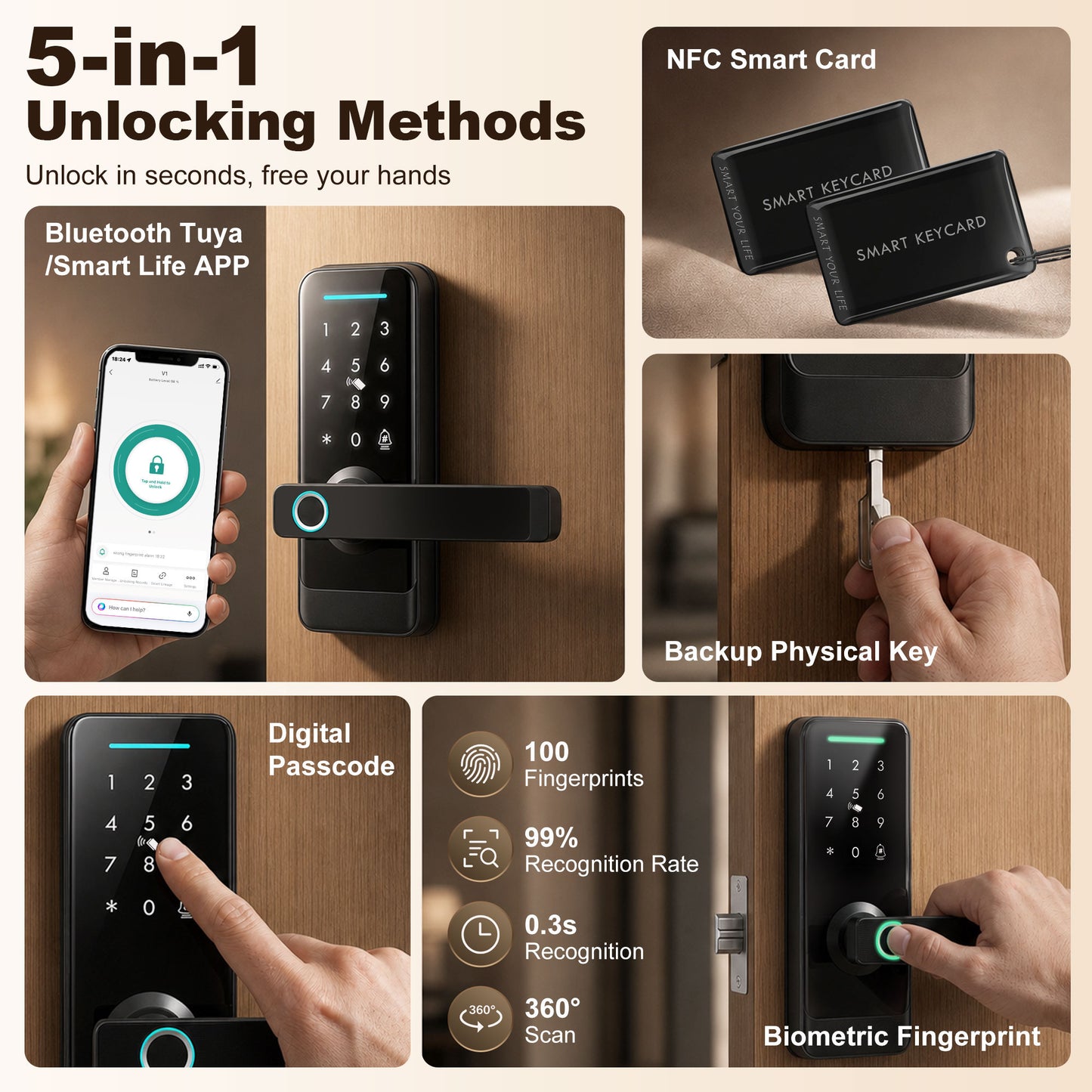 HOMCOM Smart Door Lock With Fingerprint Passcode Built In Doorbell