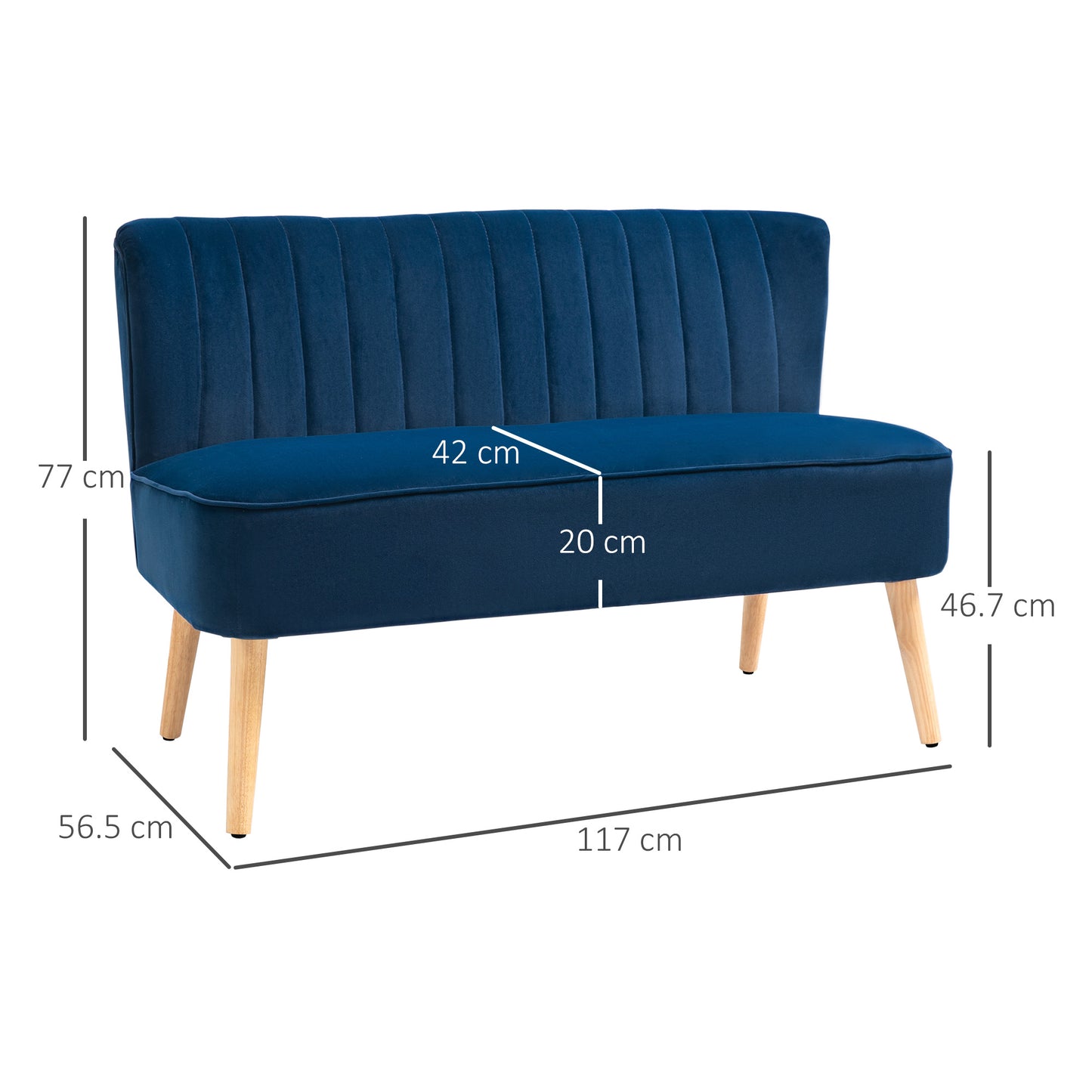 HOMCOM Modern Two Seater Sofa Foam Padding High Back Velvet Upholstery For Home Office Dark Blue