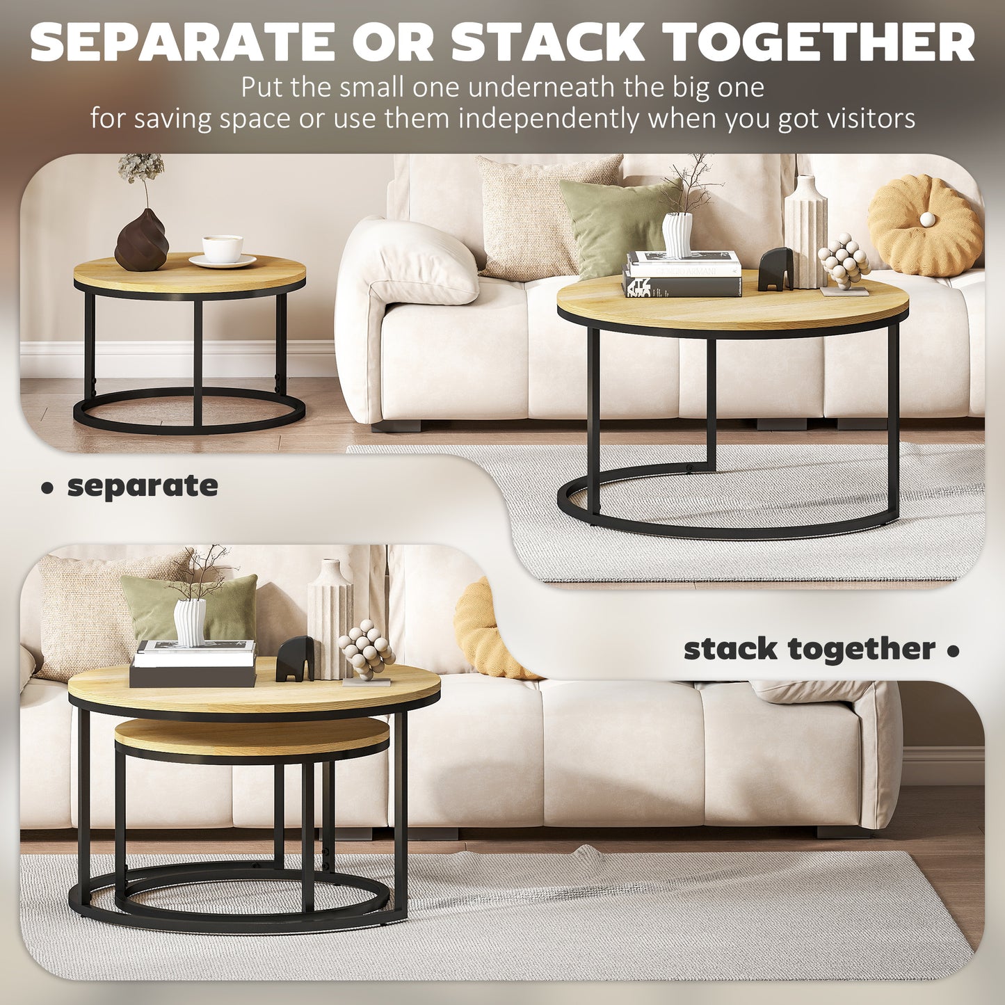 HOMCOM Wood Effect Nesting Tables Set of Two Natural Finish Stacking Side Tables for Living Room