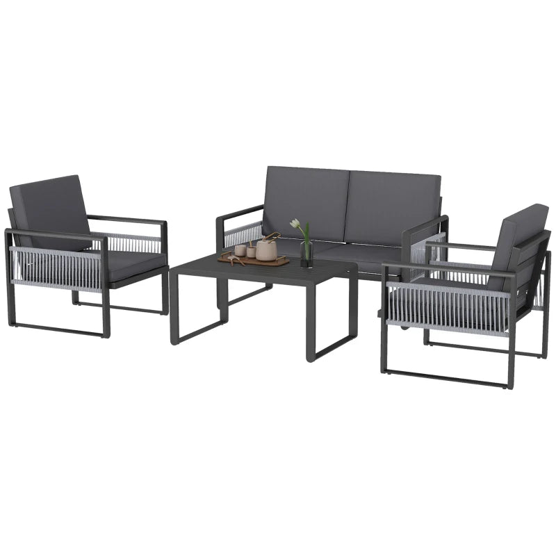 Outsunny Aluminium Garden Furniture Sets w/ Cushions, Slatted Top Table, Black - ALL4U RETAILER LTD