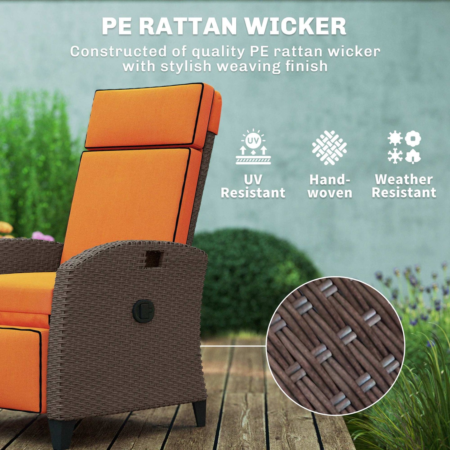Outsunny Outdoor Garden Recliner Chair With Cushion, Adjustable Backrest And Footrest, Side Tray, Orange