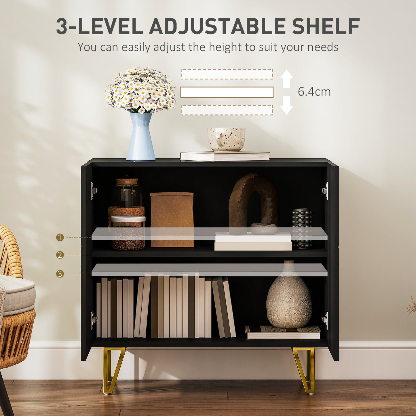 HOMCOM Modern Luxe High Gloss Sideboard With Hairpin Legs In Black Elegant Storage Cabinet