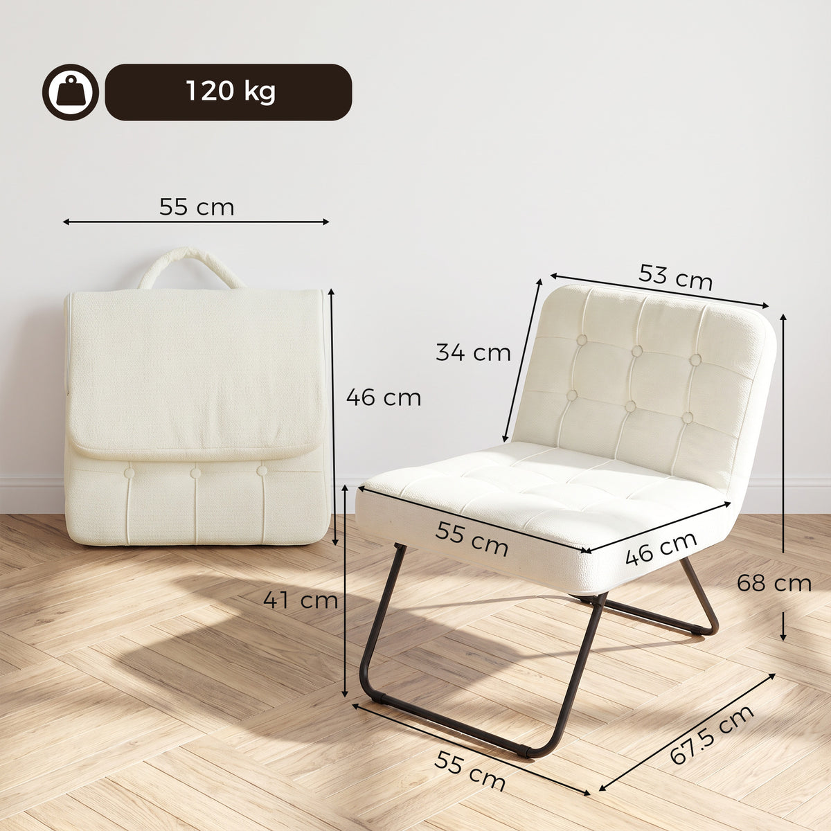 Cream foldable lounge chair with dimensions, tufted back and black metal base.